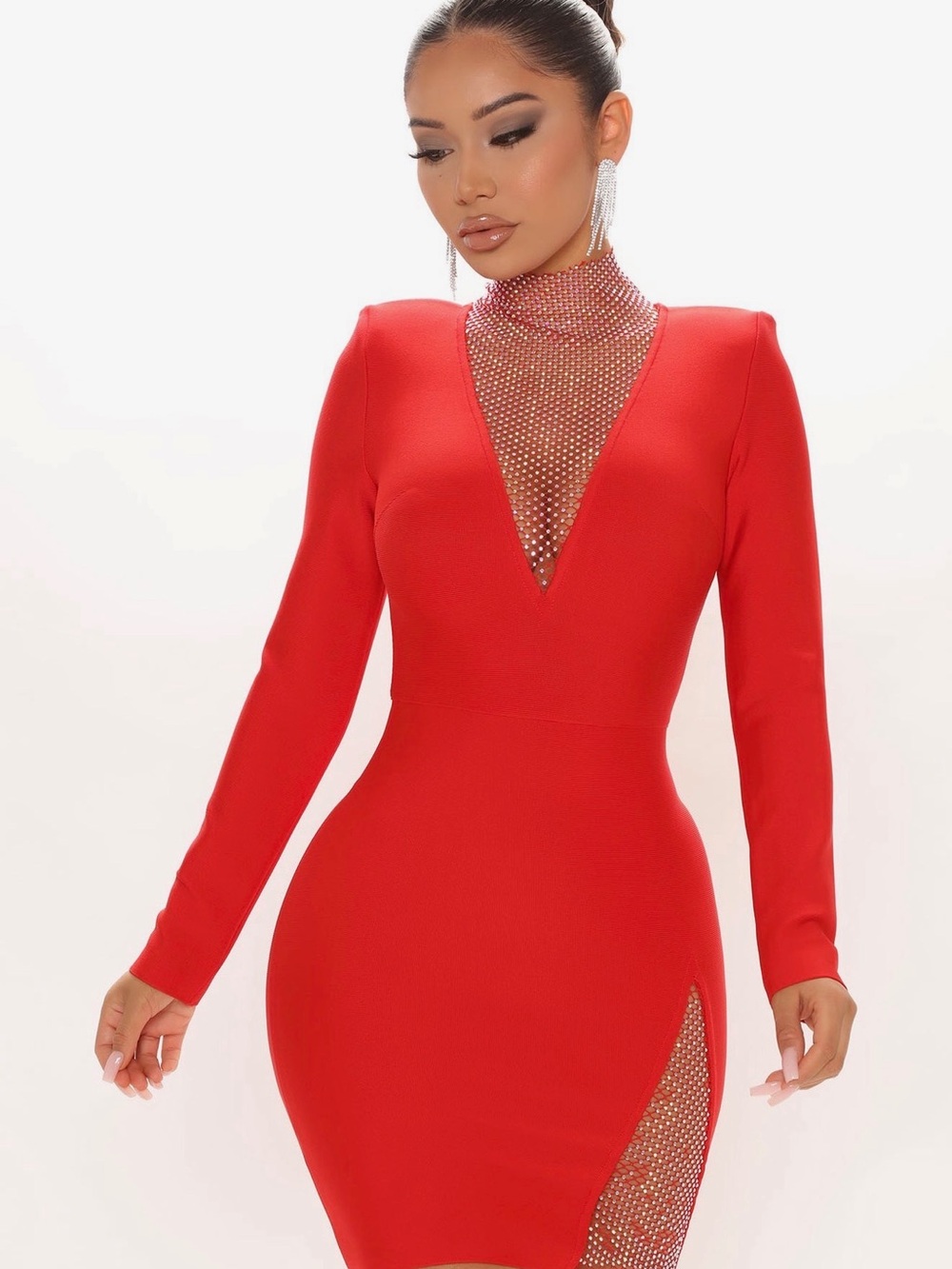 Fashion Nova Red Long Sleeve Rhinestone Accent Bodycon Mini Dress